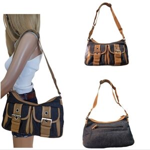 Vintage Y2k Style Denim Shoulder Bag with Double Buckle Pockets